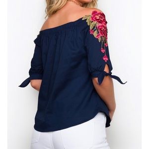 Navy rose embroidery off the shoulder top